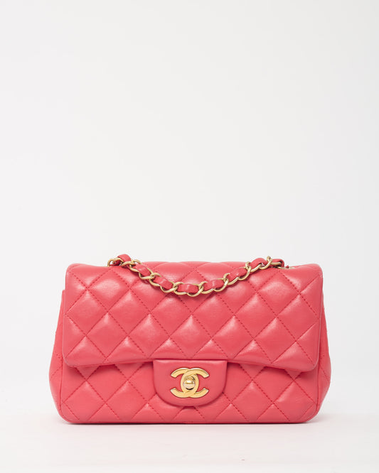 Chanel Coral Quilted Lambskin Leather Mini Rectangular Classic Flap Bag GHW
