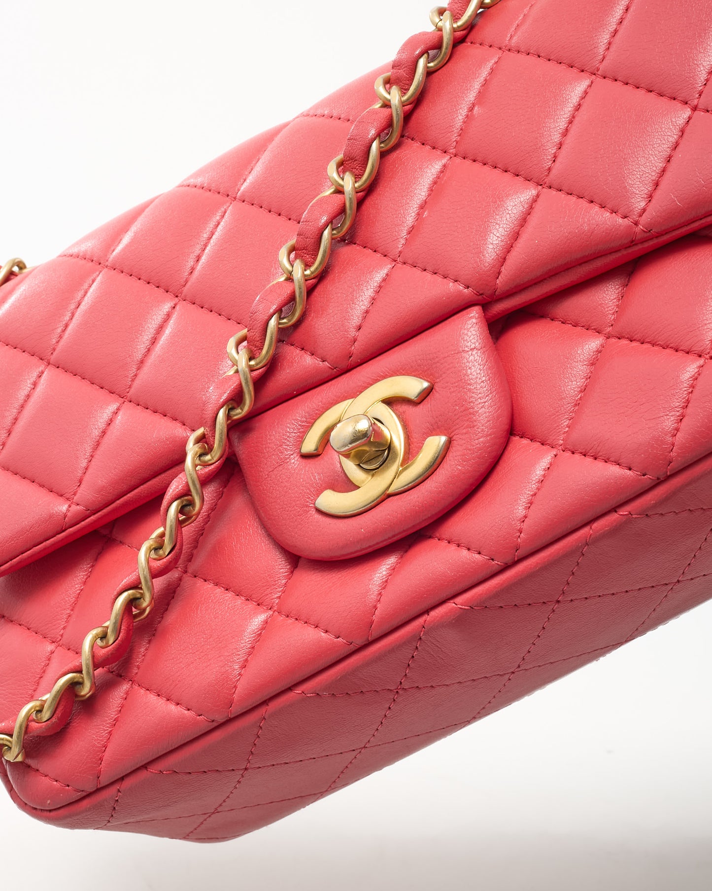 Chanel Coral Quilted Lambskin Leather Mini Rectangular Classic Flap Bag GHW
