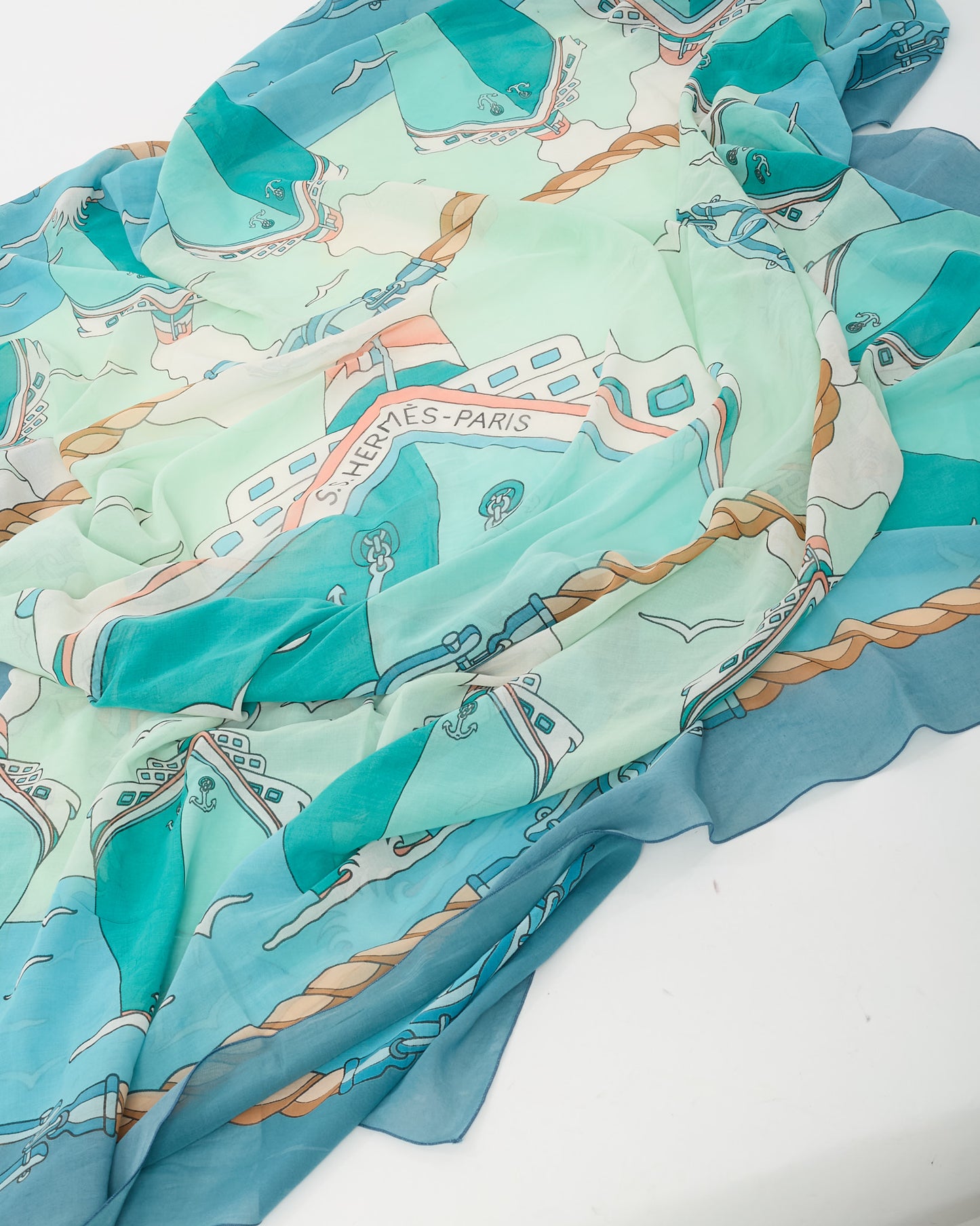 Hermès Beige/Blue/Green/Pink Boat Print Cotton Pareo Scarf