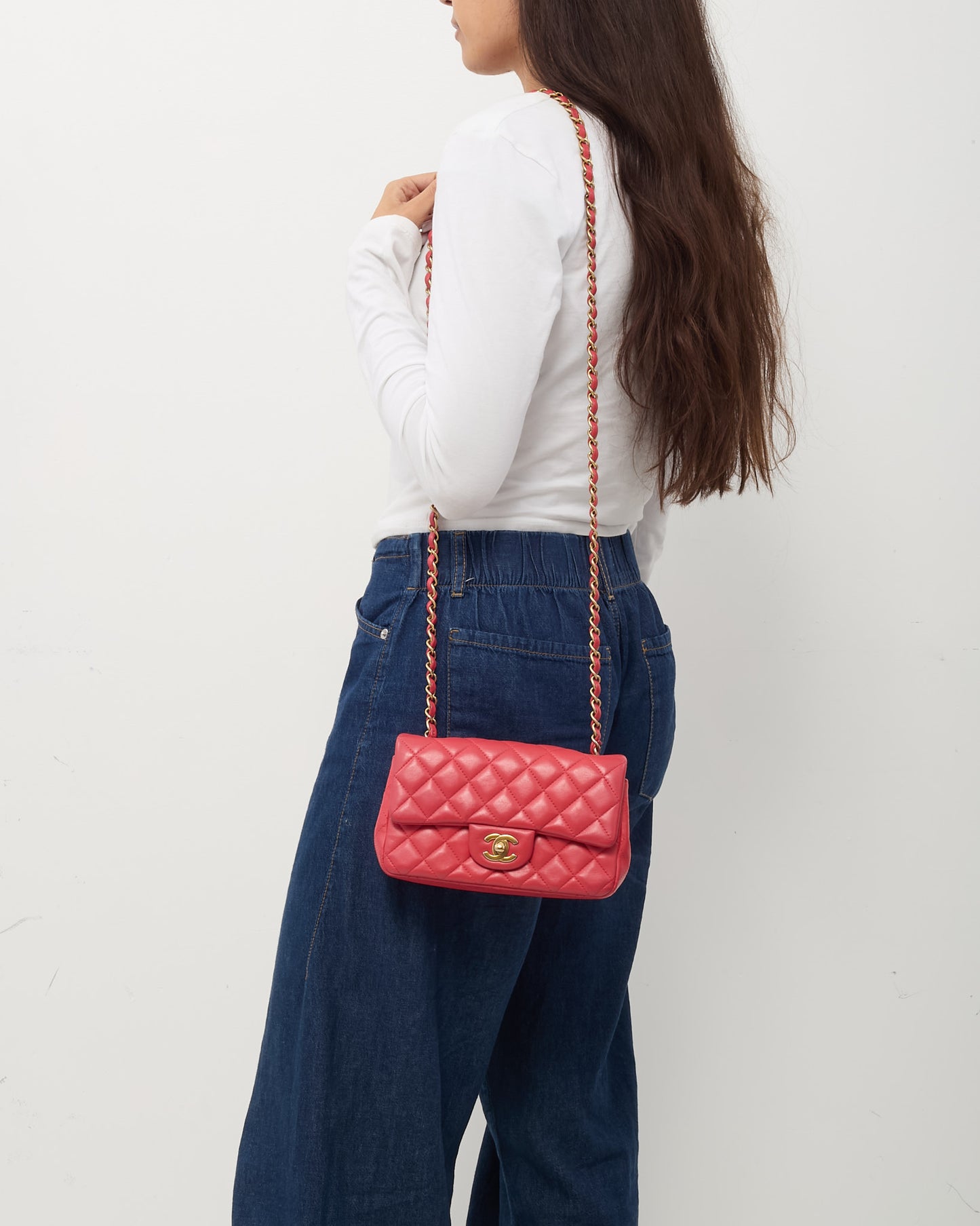 Chanel Coral Quilted Lambskin Leather Mini Rectangular Classic Flap Bag GHW