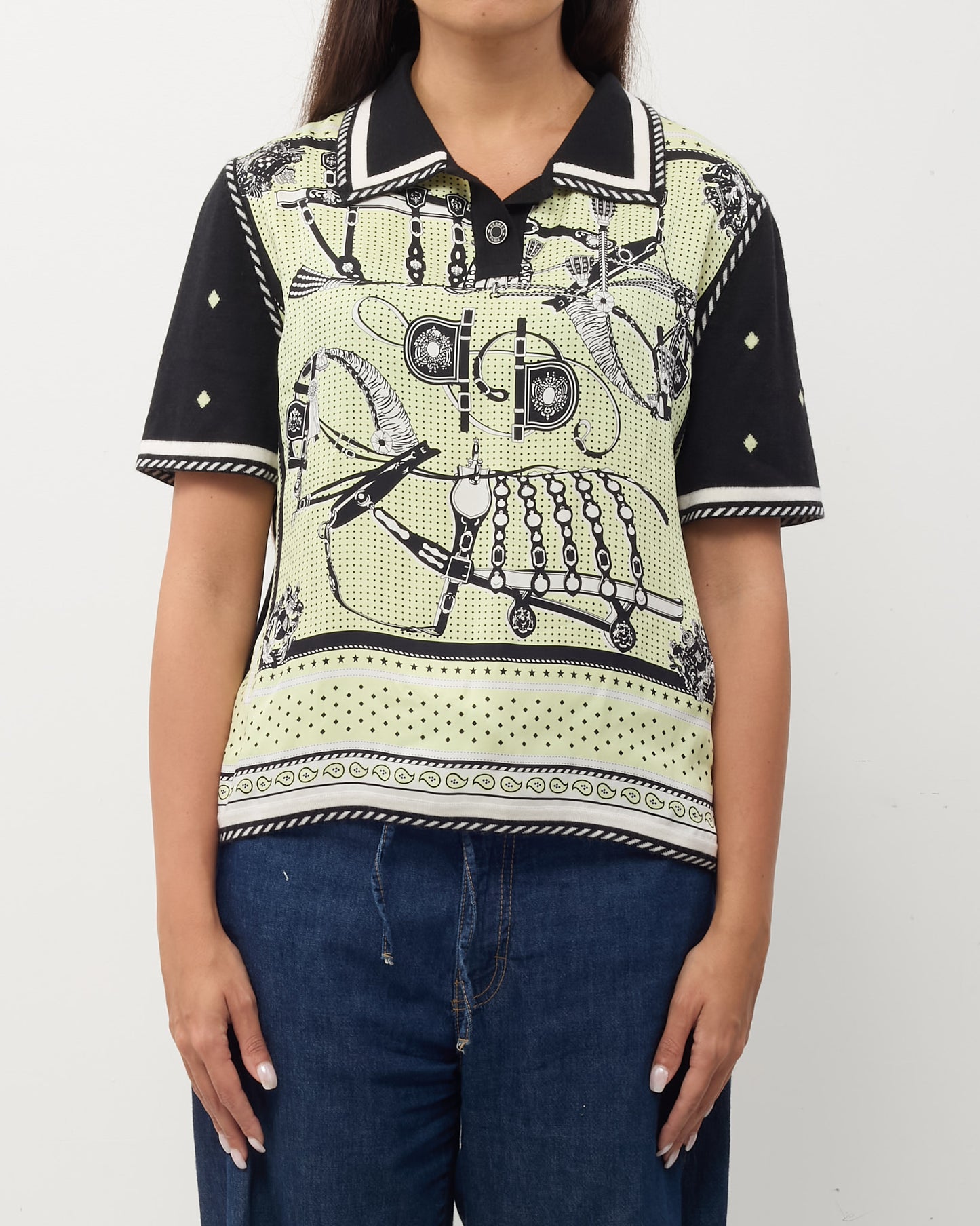 Hermès Lime Green/Black/White Printed Silk and Cashmere Polo Top - 44