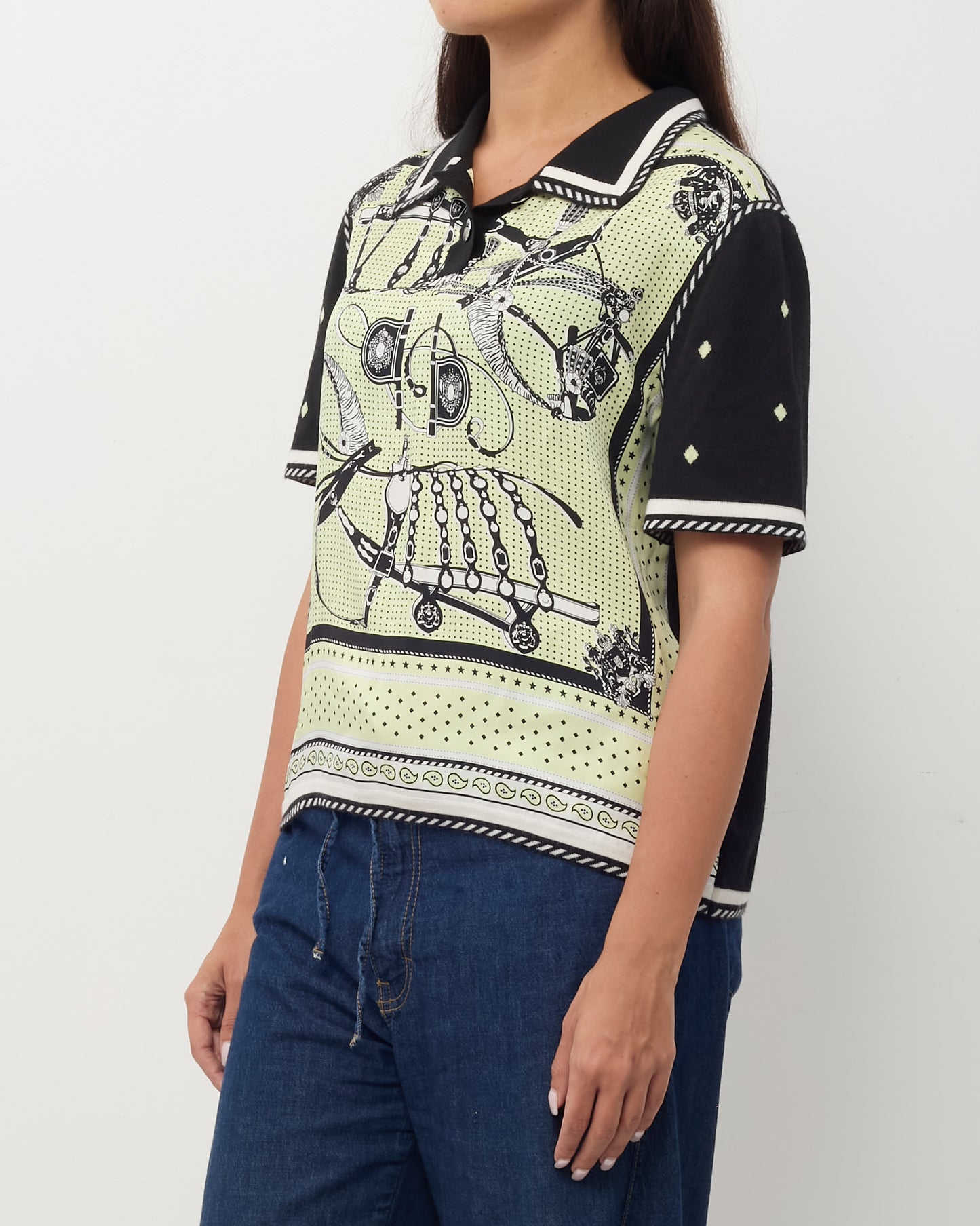 Hermès Lime Green/Black/White Printed Silk and Cashmere Polo Top - 44