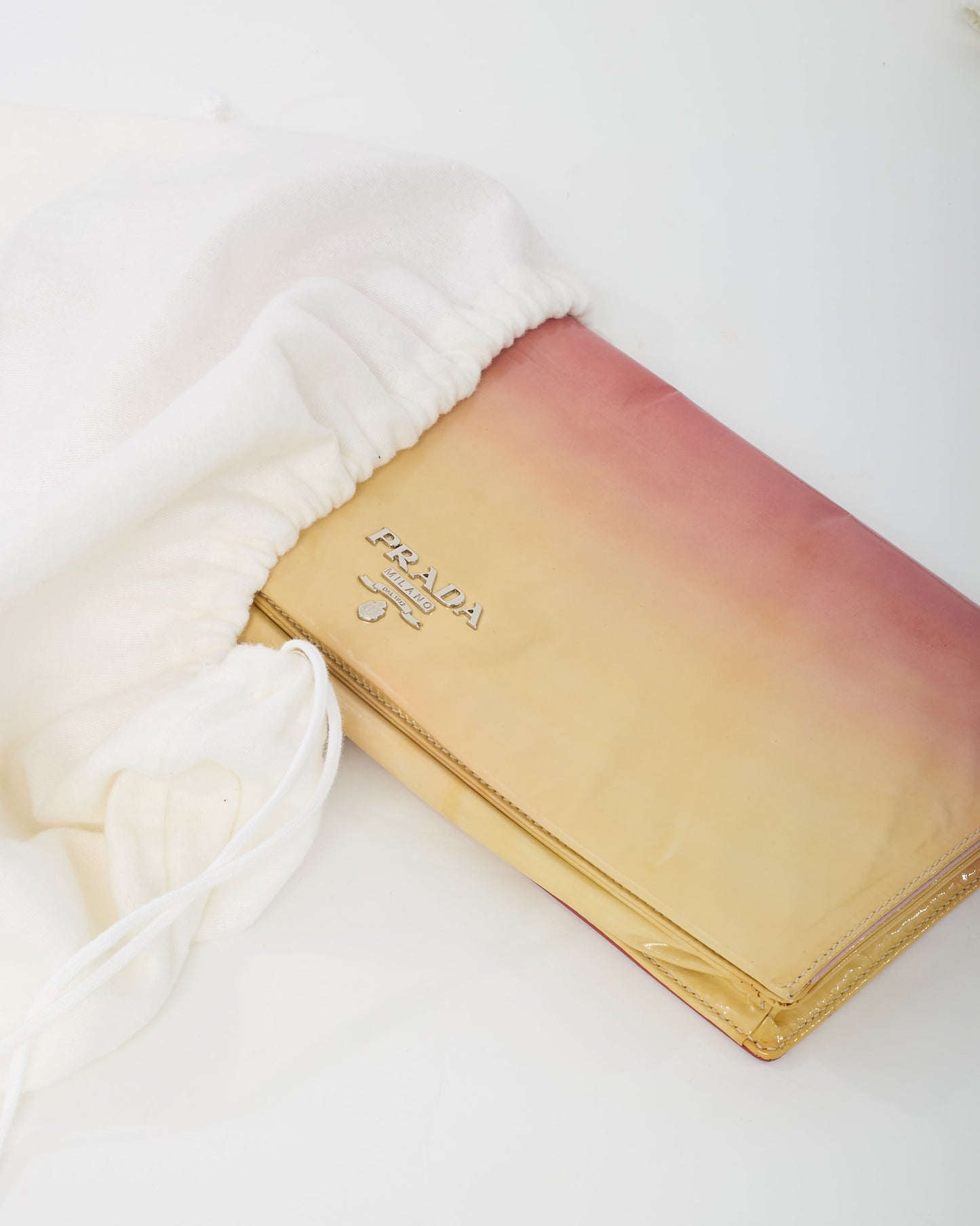 Prada Hot Pink and Yellow Ombré Vernice Patent Leather Logo Clutch