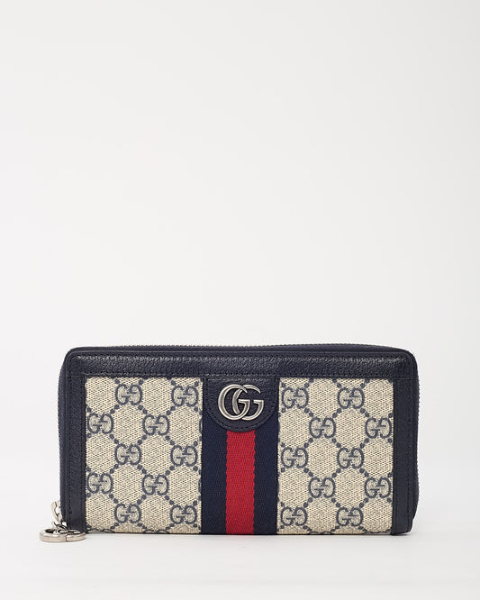 Gucci Navy Leather and Navy/Beige GG Monogram Coated Canvas Web Ophidia Zip Around Wallet