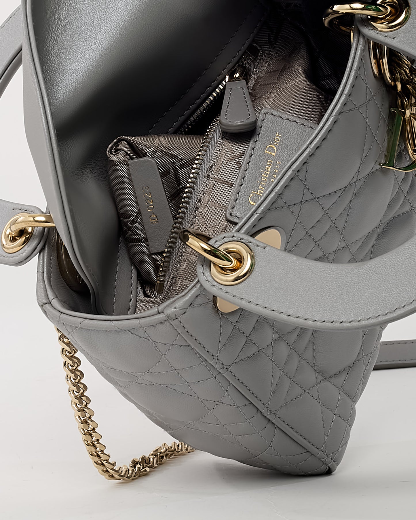 Dior Metallic Grey Cannage Leather Mini Lady Dior Bag with Champagne Hardware
