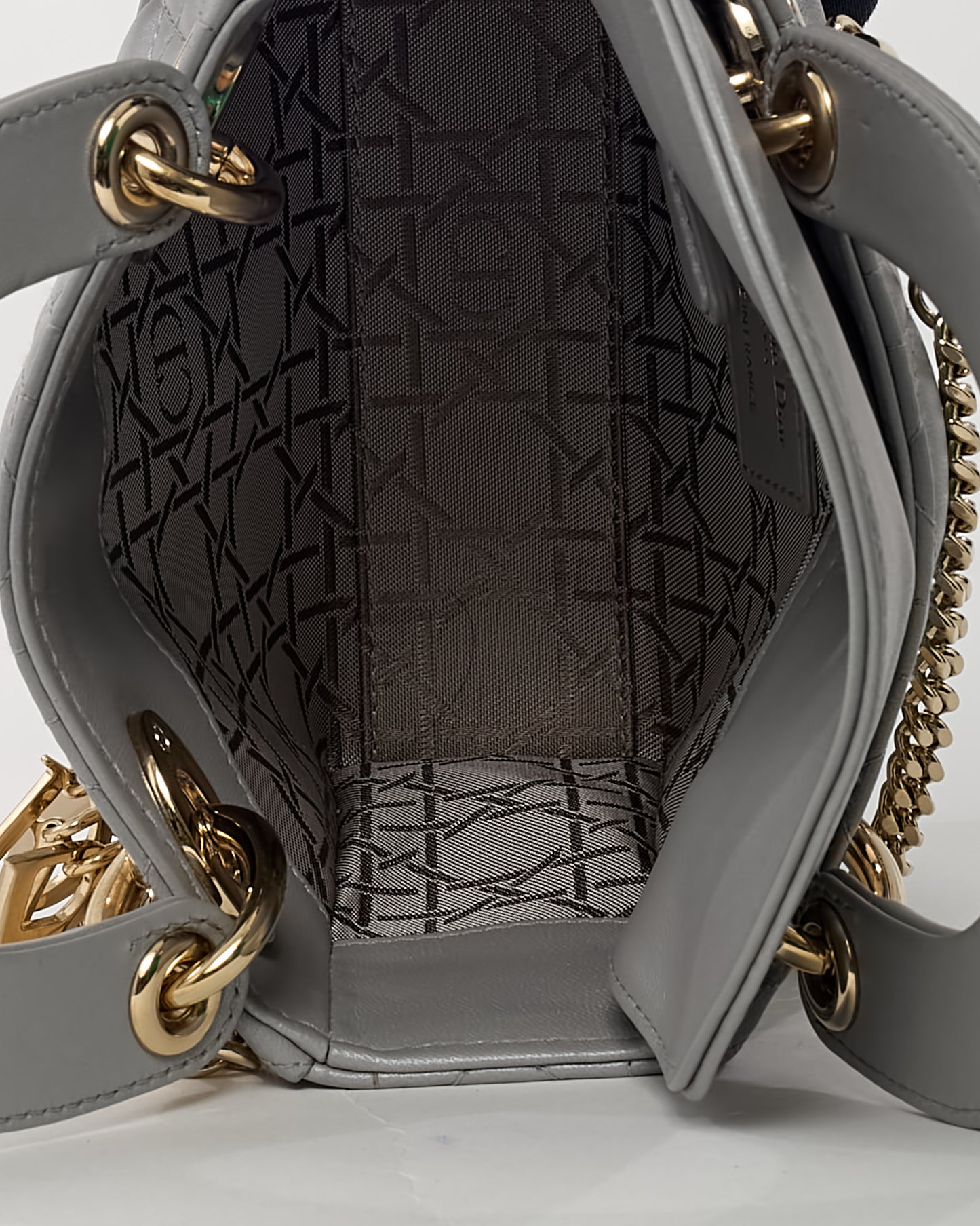 Dior Metallic Grey Cannage Leather Mini Lady Dior Bag with Champagne Hardware