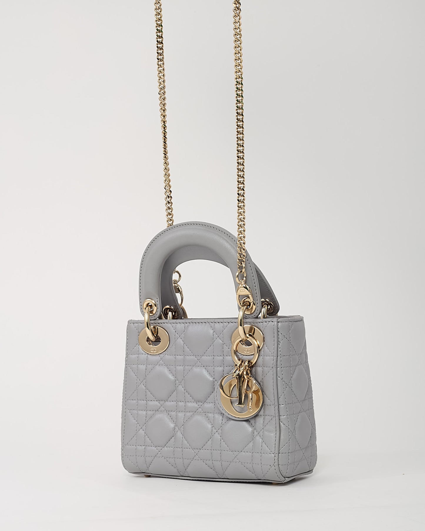 Dior Metallic Grey Cannage Leather Mini Lady Dior Bag with Champagne Hardware
