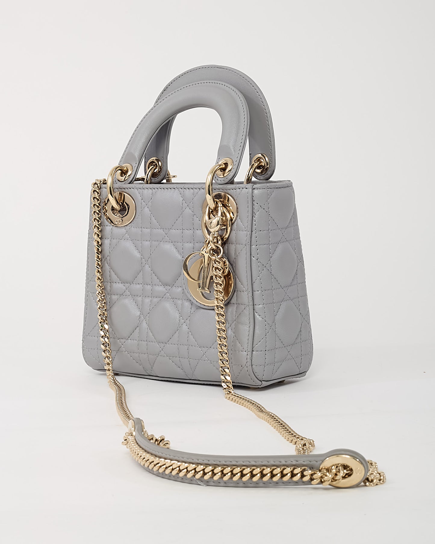 Dior Metallic Grey Cannage Leather Mini Lady Dior Bag with Champagne Hardware