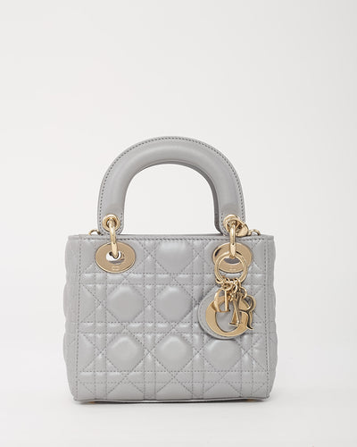 Dior Metallic Grey Cannage Leather Mini Lady Dior Bag with Champagne Hardware