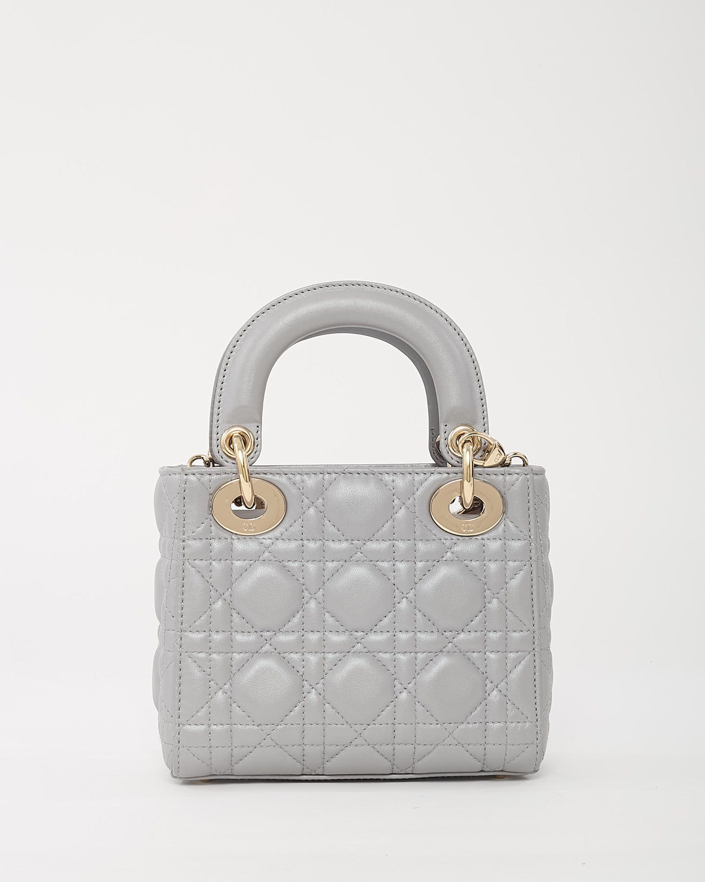 Dior Metallic Grey Cannage Leather Mini Lady Dior Bag with Champagne Hardware