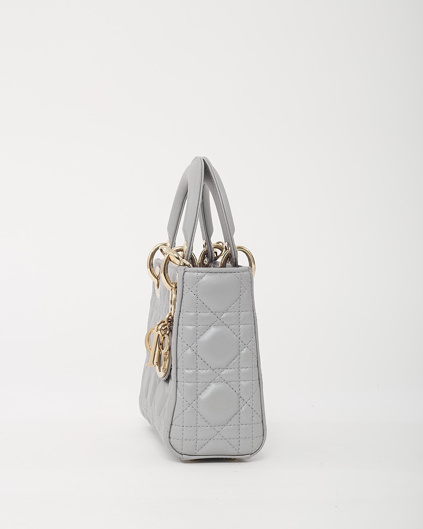 Dior Metallic Grey Cannage Leather Mini Lady Dior Bag with Champagne Hardware