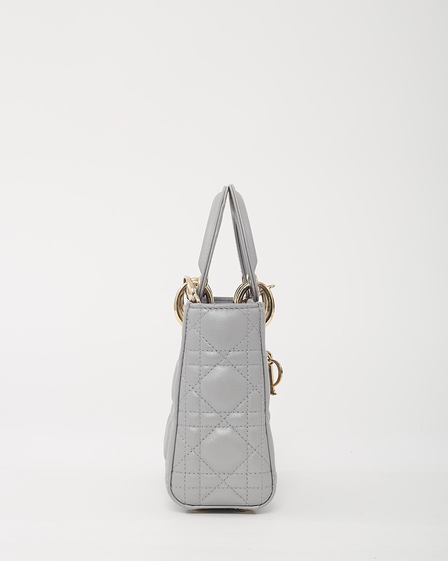 Dior Metallic Grey Cannage Leather Mini Lady Dior Bag with Champagne Hardware