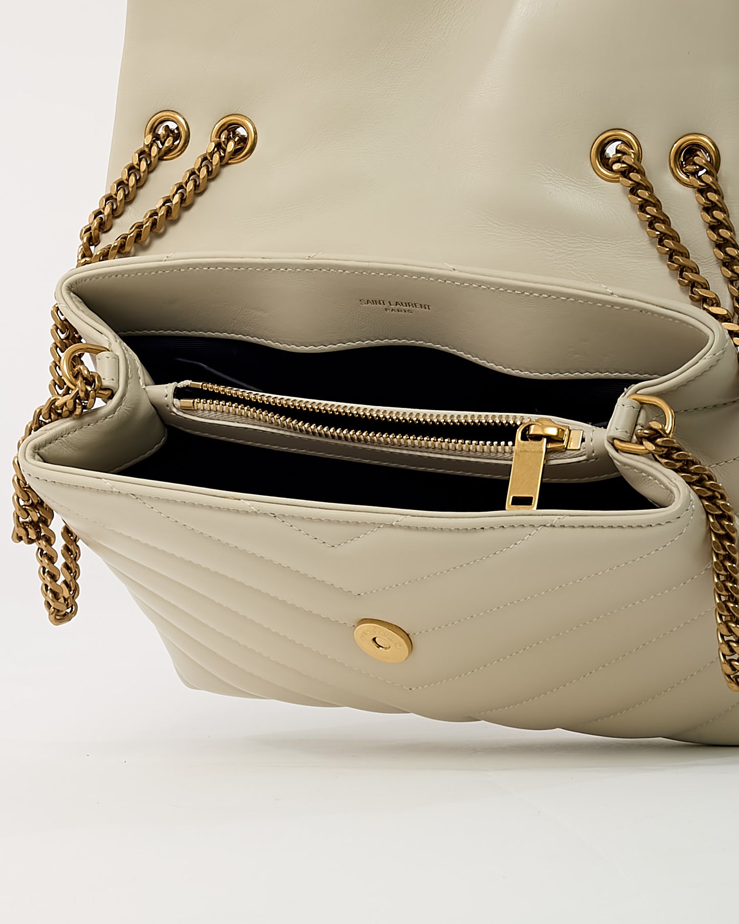Saint Laurent White Chevron Leather Small GHW YSL Monogram Loulou Shoulder Bag