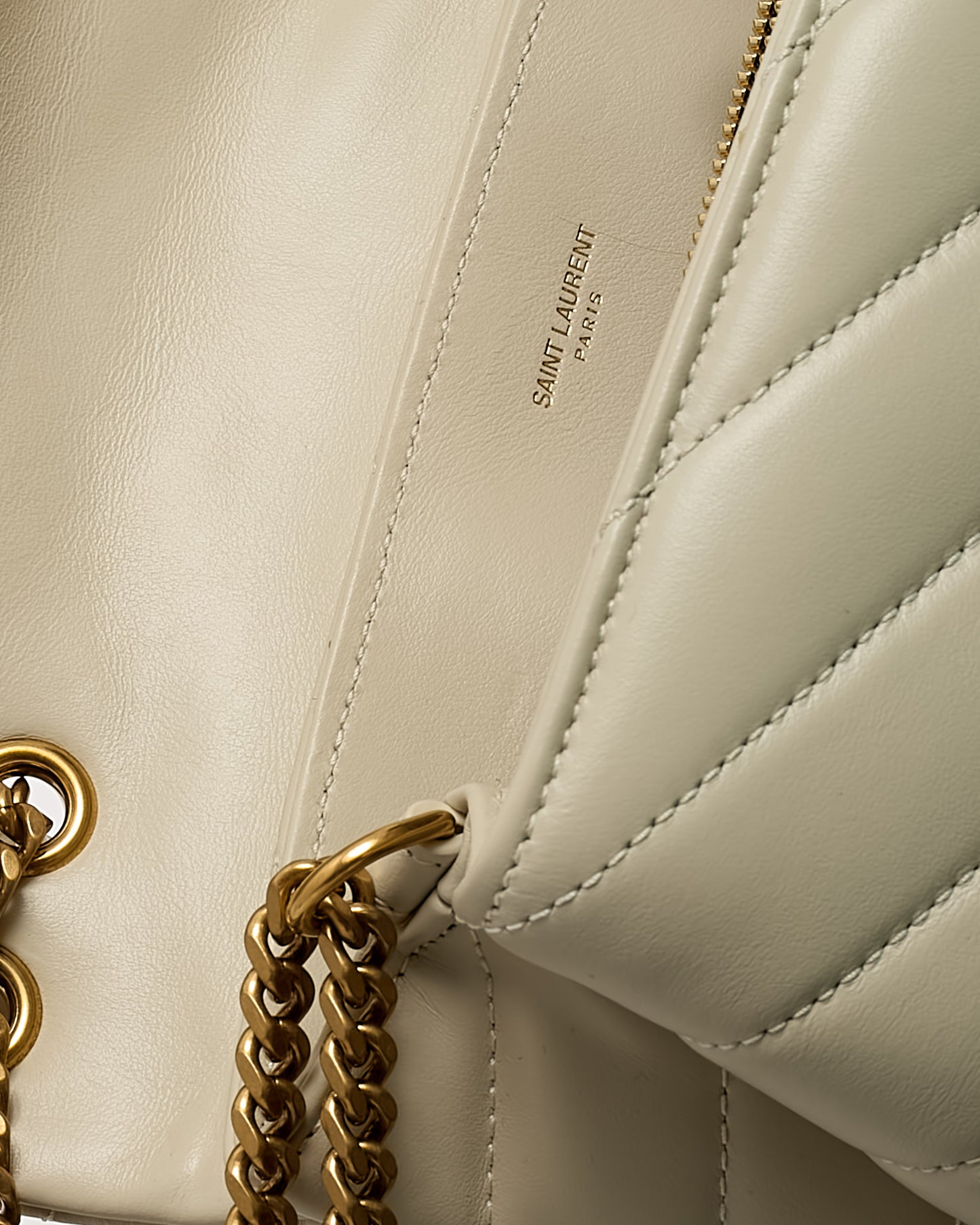 Saint Laurent White Chevron Leather Small GHW YSL Monogram Loulou Shoulder Bag