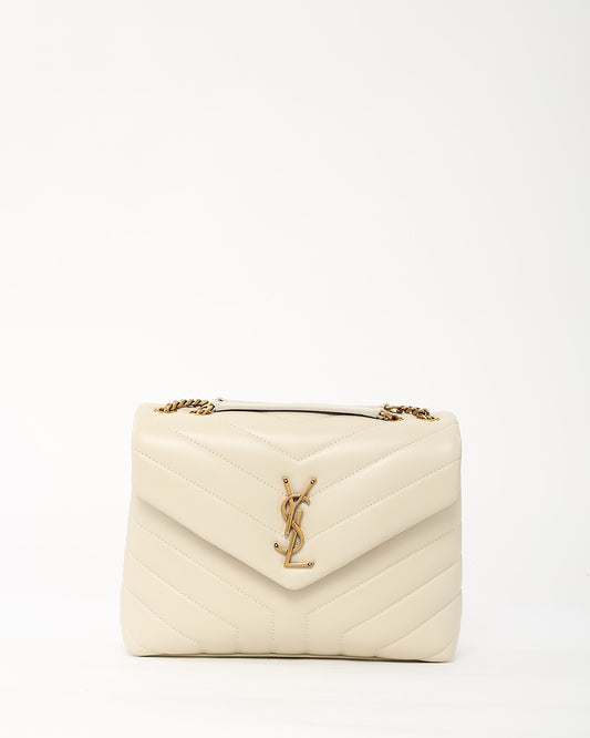 Saint Laurent White Chevron Leather Small GHW YSL Monogram Loulou Shoulder Bag