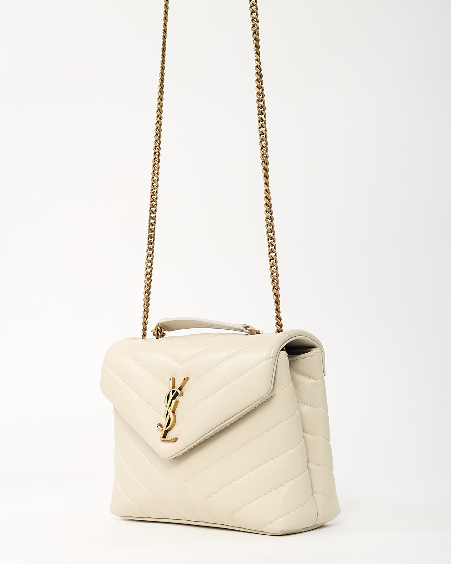 Saint Laurent White Chevron Leather Small GHW YSL Monogram Loulou Shoulder Bag