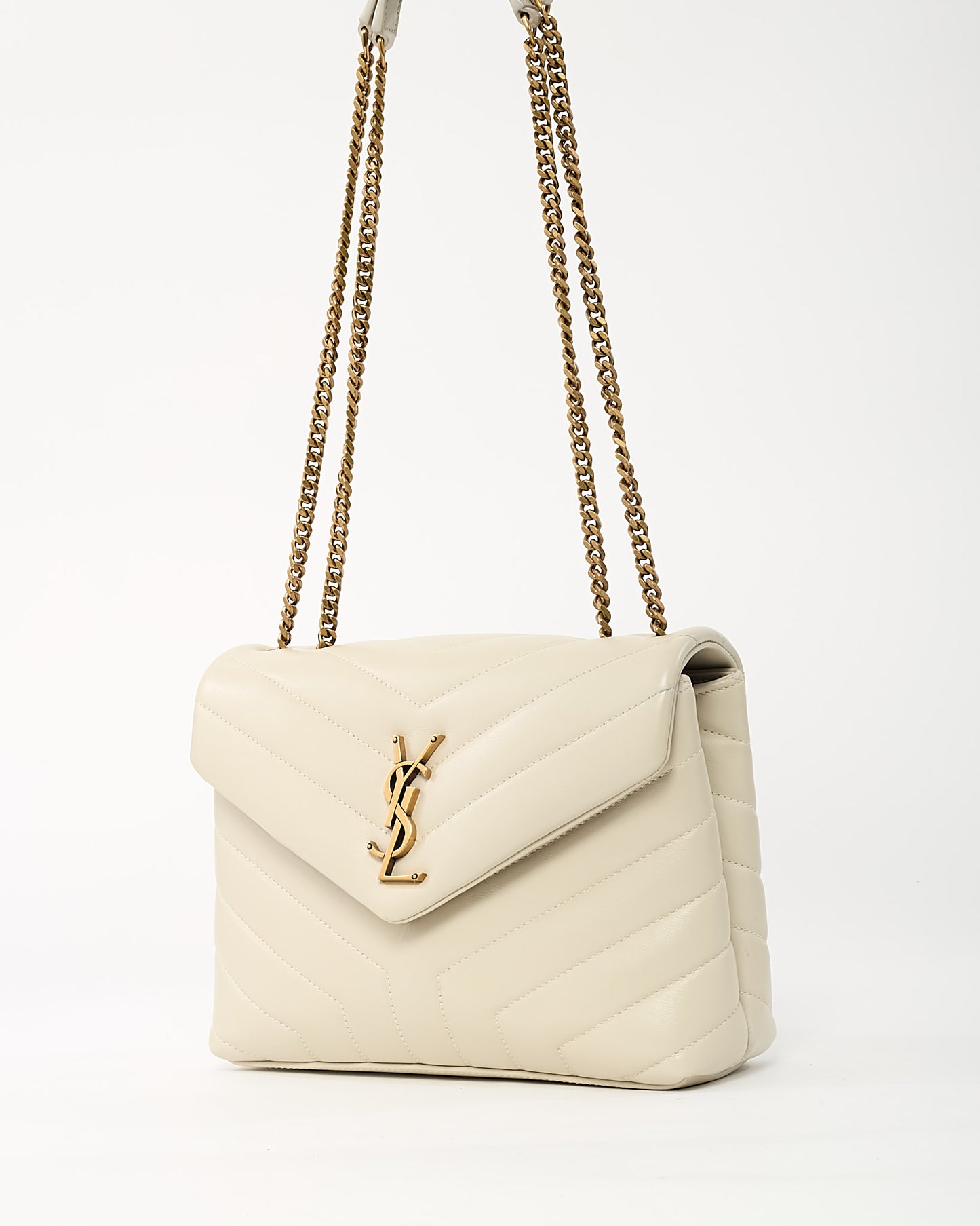 Saint Laurent White Chevron Leather Small GHW YSL Monogram Loulou Shoulder Bag