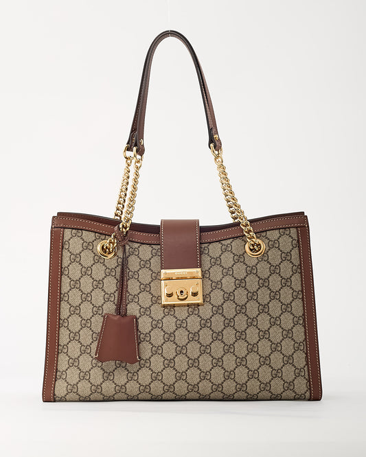 Gucci Brown Leather Beige/Ebony GG Supreme Coated Canvas Medium Padlock Tote Bag