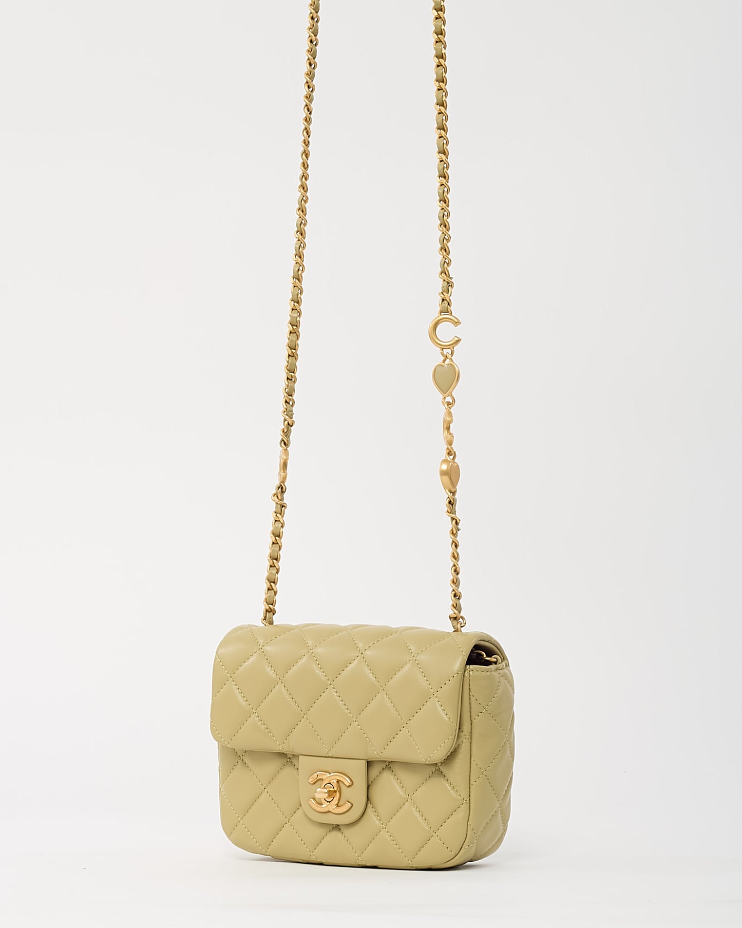 Chanel Light Green Quilted Lambskin Leather Mini Square Coco Hearts Flap Bag