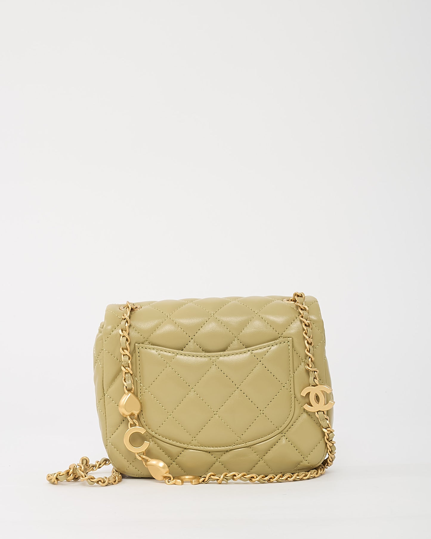 Chanel Light Green Quilted Lambskin Leather Mini Square Coco Hearts Flap Bag