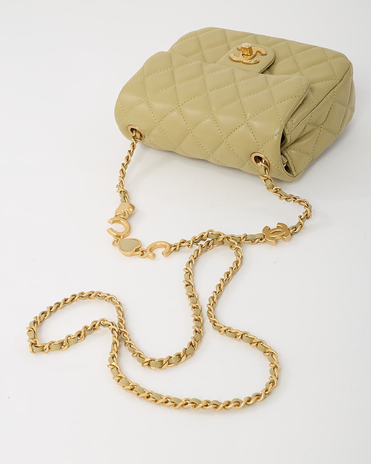 Chanel Light Green Quilted Lambskin Leather Mini Square Coco Hearts Flap Bag