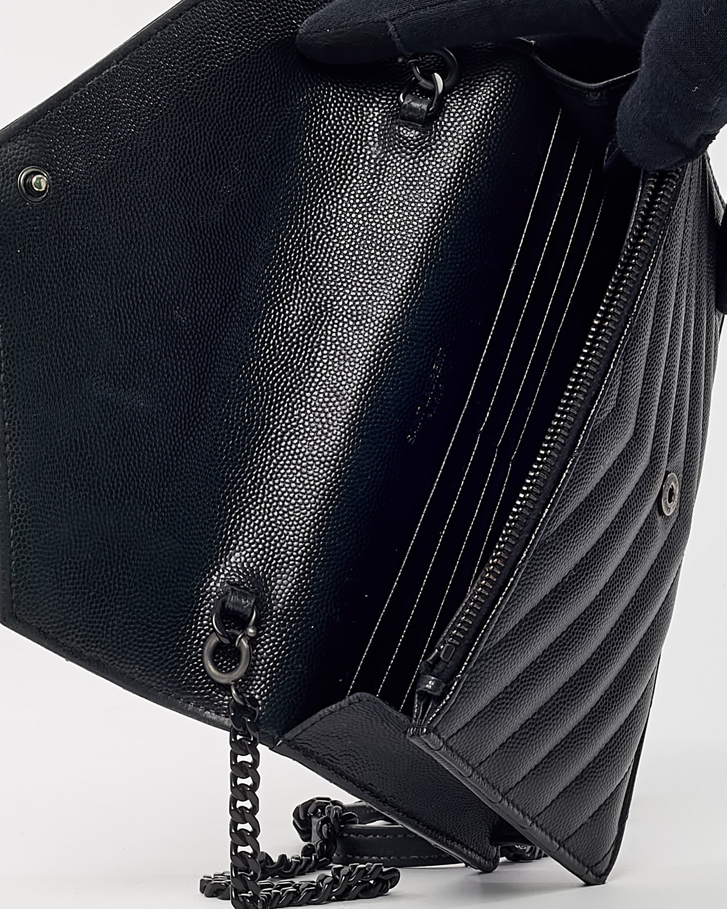 Saint Laurent Black Chevron Grain De Poudre BHW YSL Cassandre Envelope Chain WOC Crossbody Bag