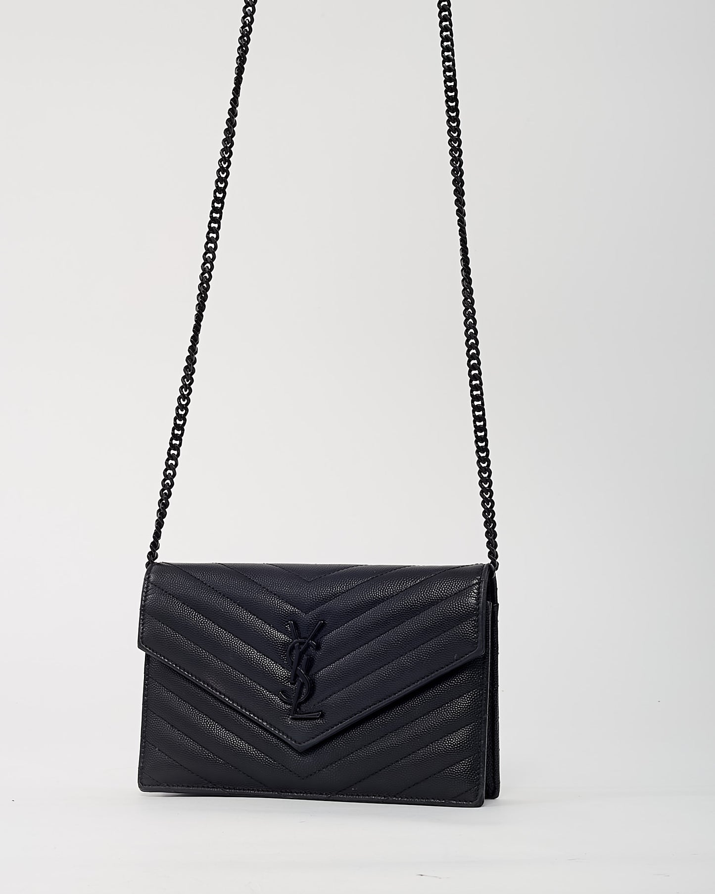 Saint Laurent Black Chevron Grain De Poudre BHW YSL Cassandre Envelope Chain WOC Crossbody Bag