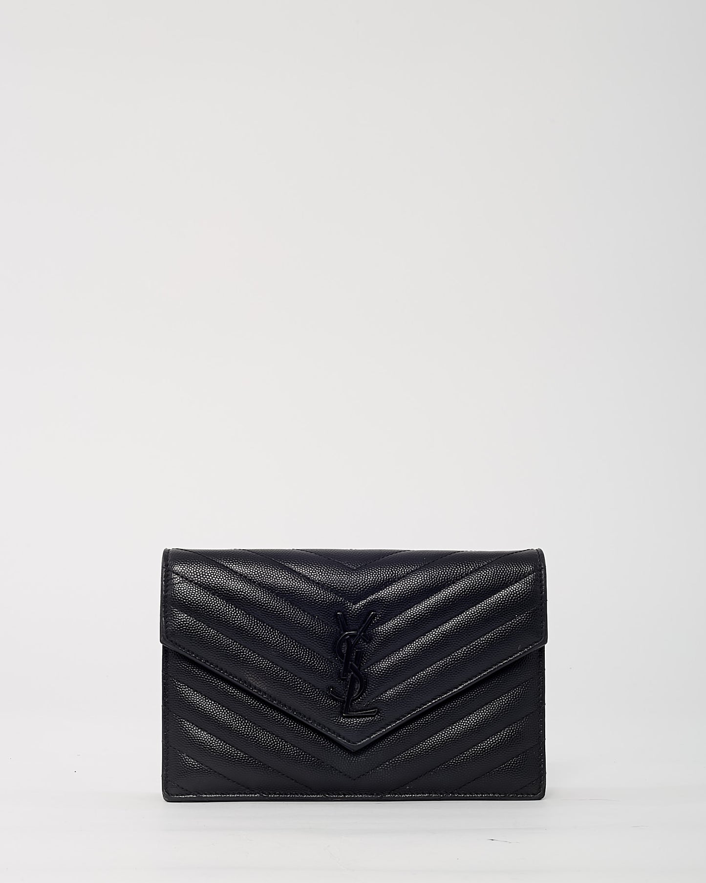 Saint Laurent Black Chevron Grain De Poudre BHW YSL Cassandre Envelope Chain WOC Crossbody Bag