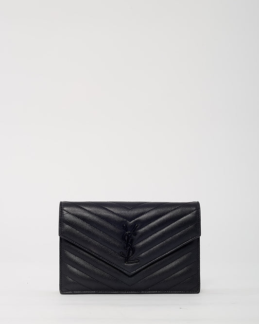 Saint Laurent Black Chevron Grain De Poudre BHW YSL Cassandre Envelope Chain WOC Crossbody Bag