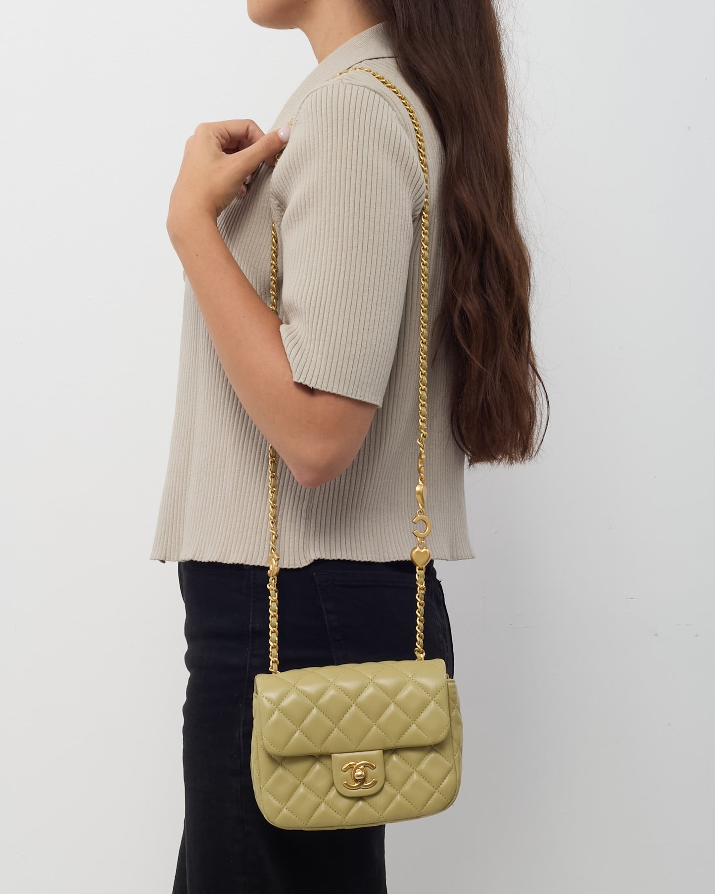 Chanel Light Green Quilted Lambskin Leather Mini Square Coco Hearts Flap Bag