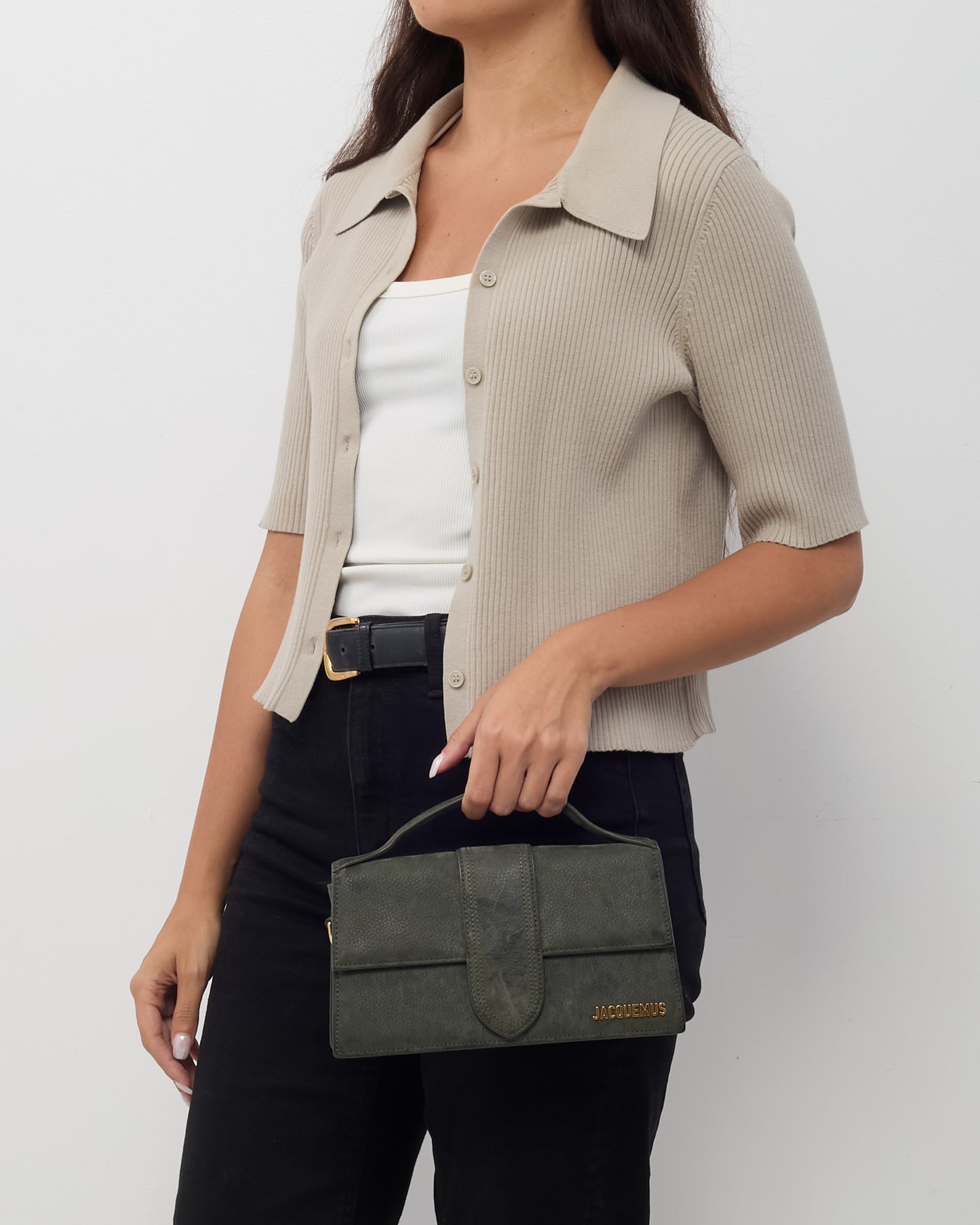 Jacquemus Olive Green Suede Le Bambino Top Handle Bag w/ Strap
