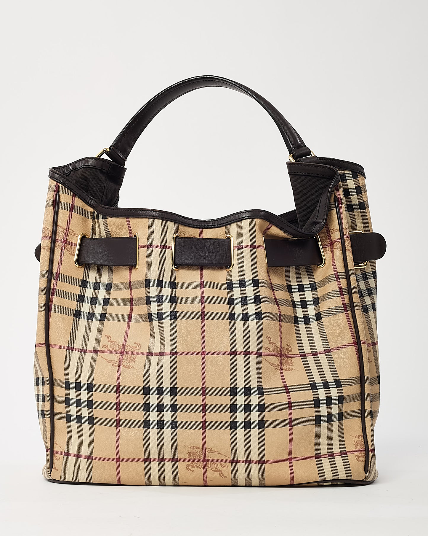 Burberry Black Leather and Beige Haymarket Check Coated Canvas Belted Medium Hobo Shoulder Bag