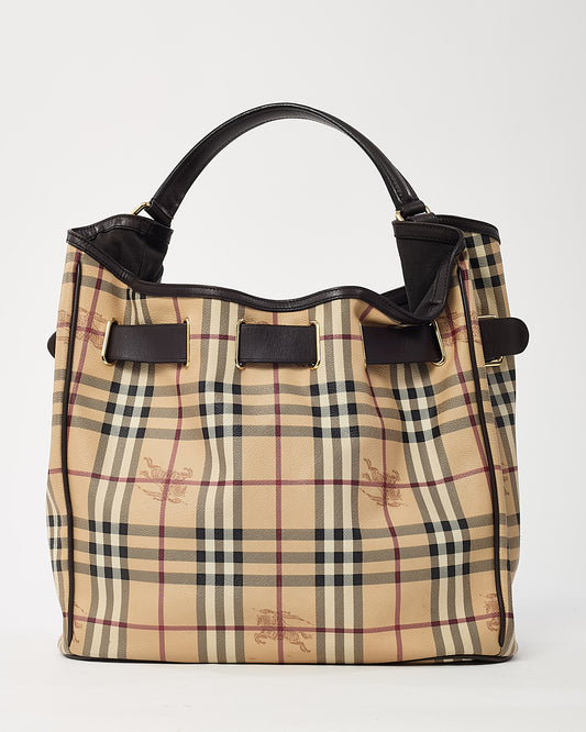 Burberry Black Leather and Beige Haymarket Check Coated Canvas Belted Medium Hobo Shoulder Bag