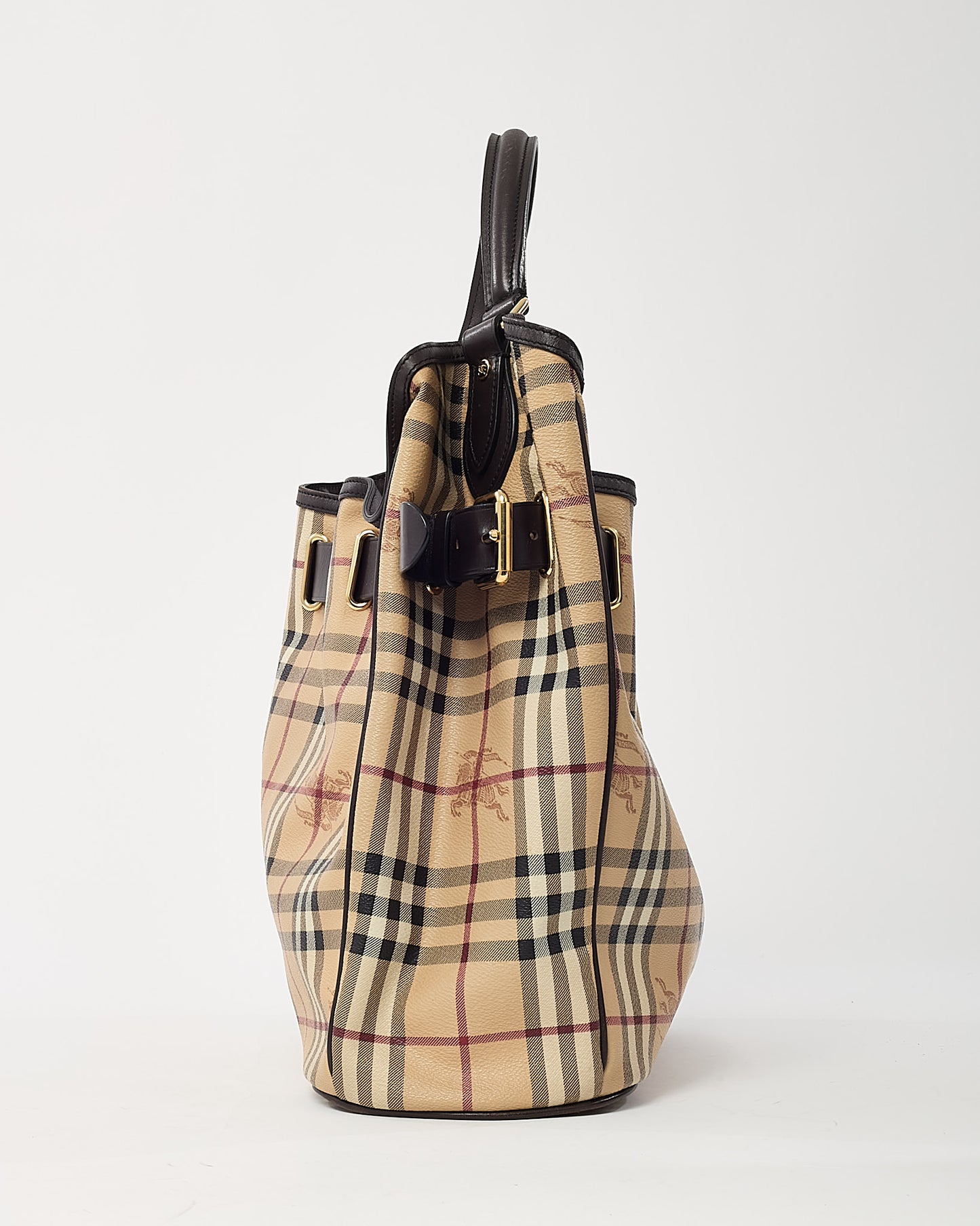 Burberry Black Leather and Beige Haymarket Check Coated Canvas Belted Medium Hobo Shoulder Bag
