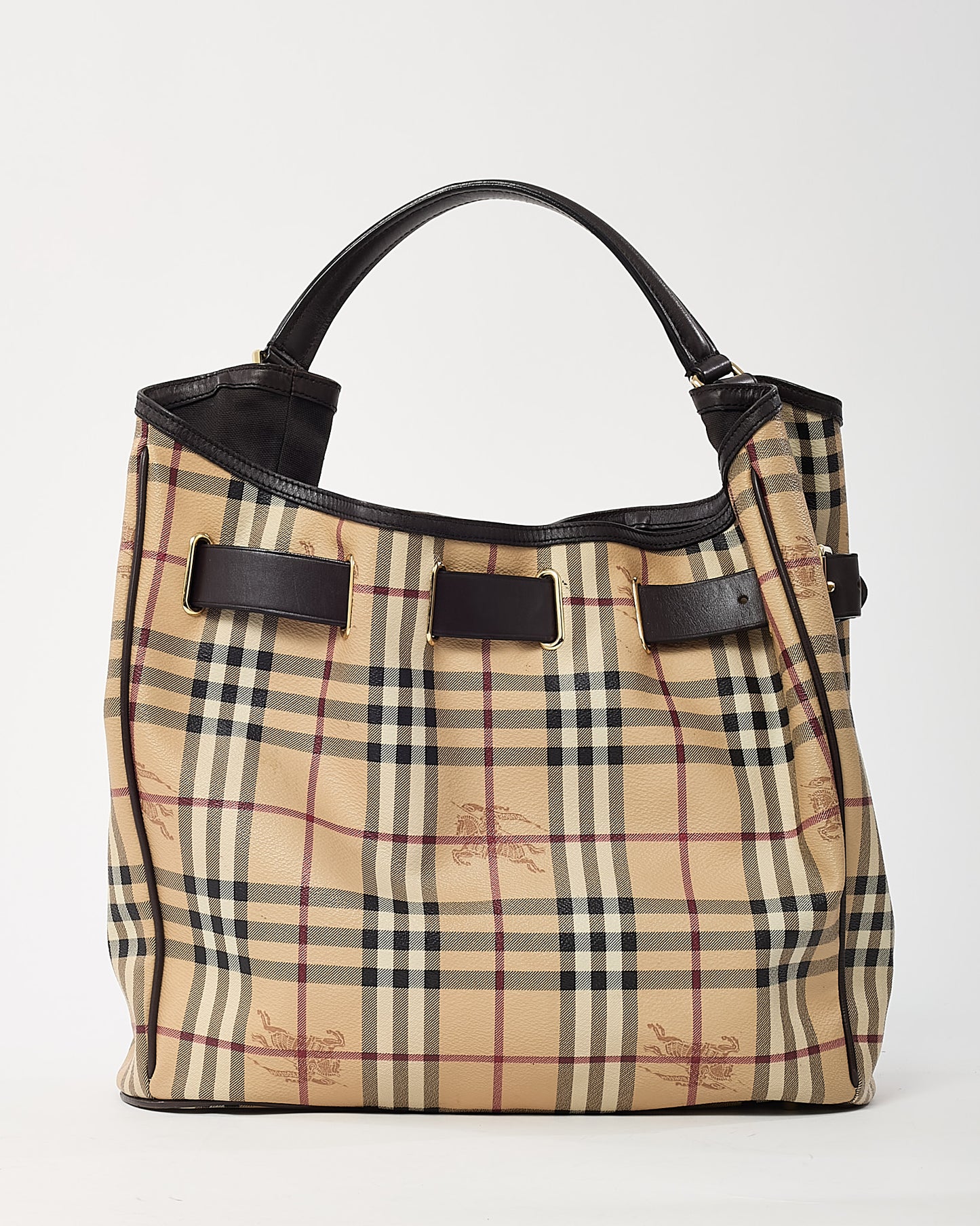 Burberry Black Leather and Beige Haymarket Check Coated Canvas Belted Medium Hobo Shoulder Bag