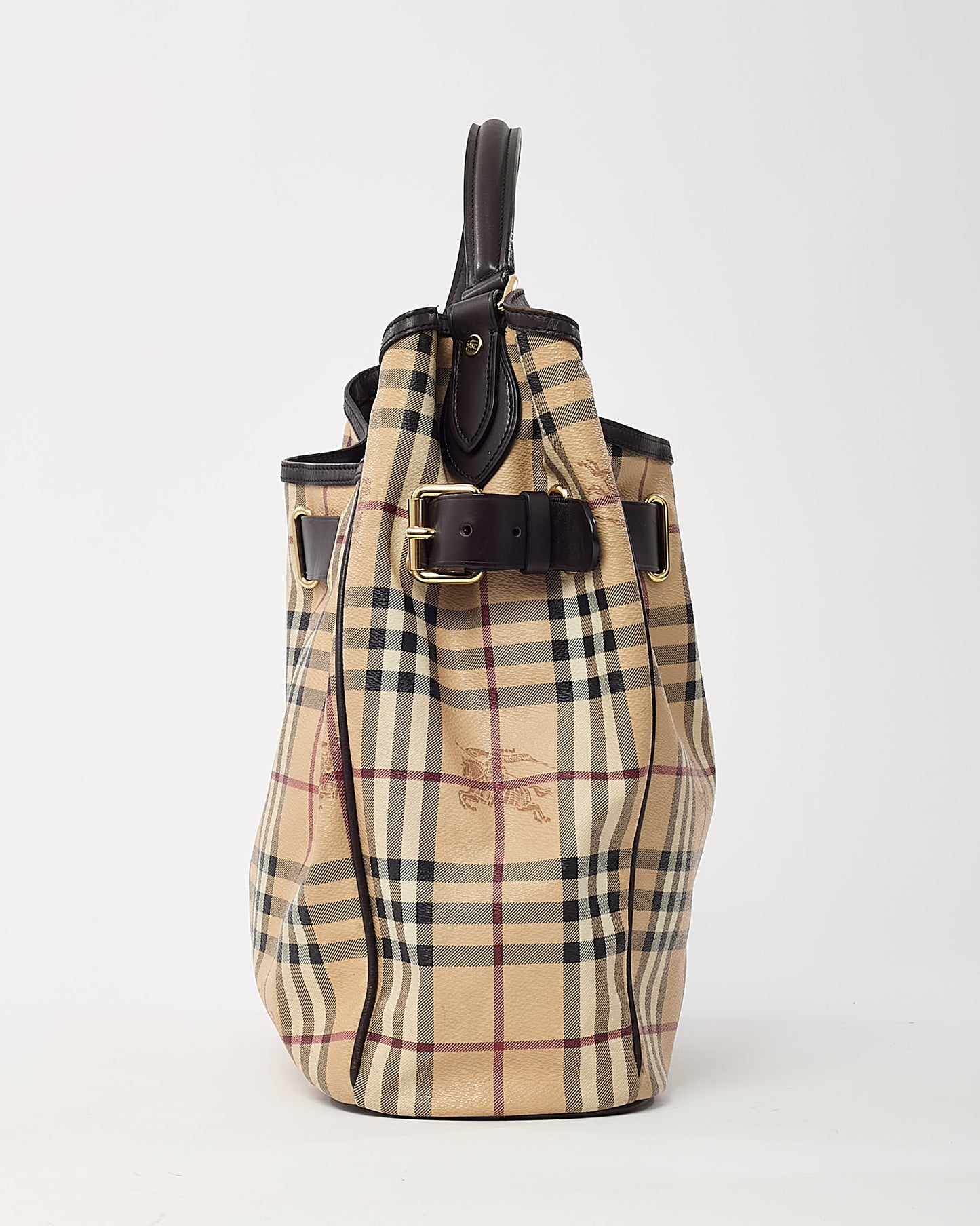 Burberry Black Leather and Beige Haymarket Check Coated Canvas Belted Medium Hobo Shoulder Bag