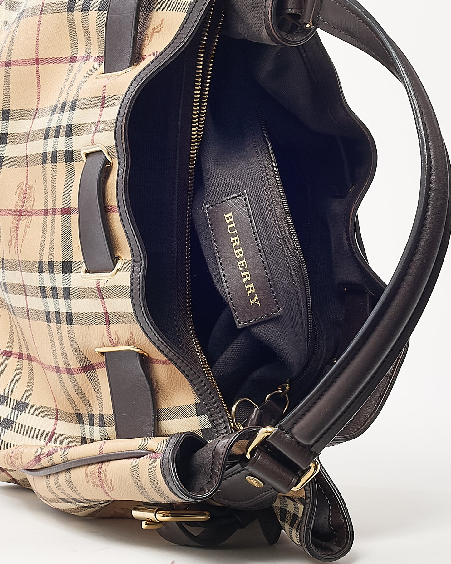 Burberry Black Leather and Beige Haymarket Check Coated Canvas Belted Medium Hobo Shoulder Bag