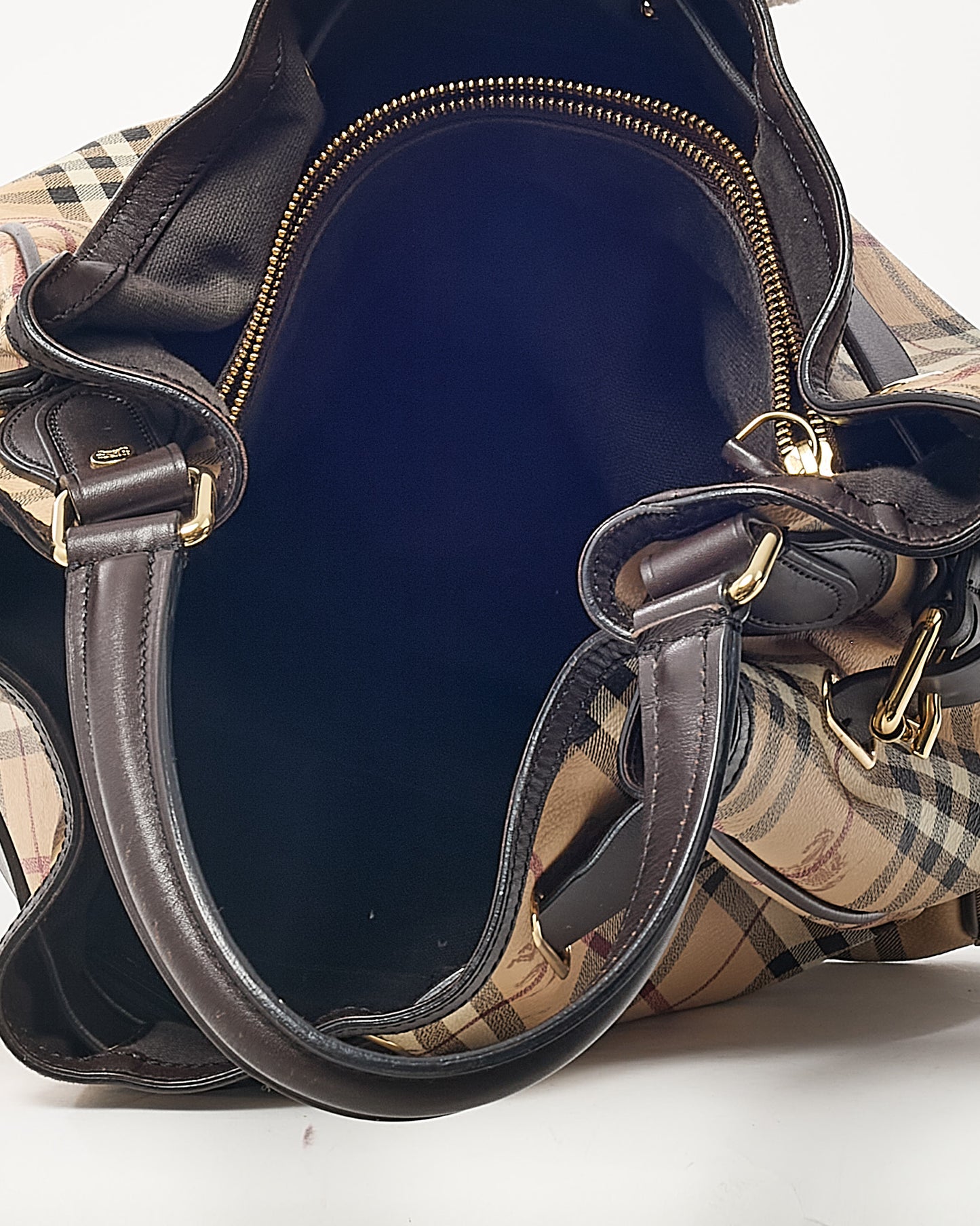 Burberry Black Leather and Beige Haymarket Check Coated Canvas Belted Medium Hobo Shoulder Bag