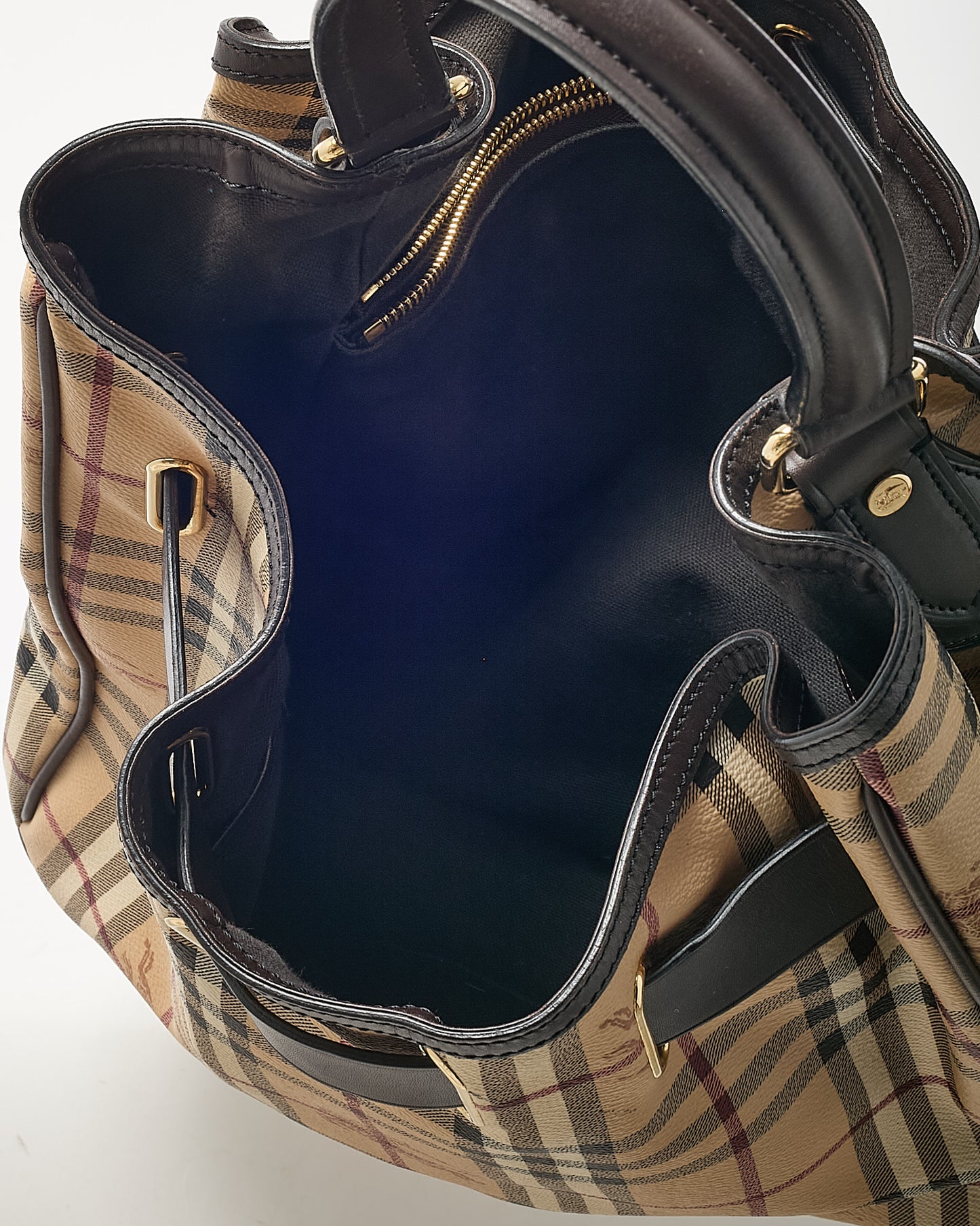 Burberry Black Leather and Beige Haymarket Check Coated Canvas Belted Medium Hobo Shoulder Bag