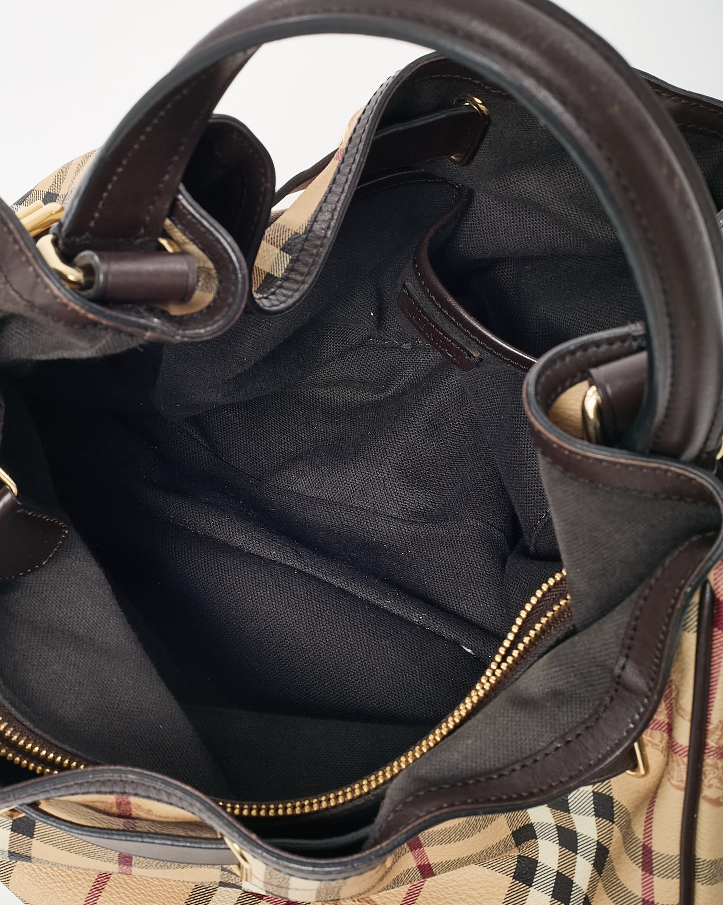Burberry Black Leather and Beige Haymarket Check Coated Canvas Belted Medium Hobo Shoulder Bag