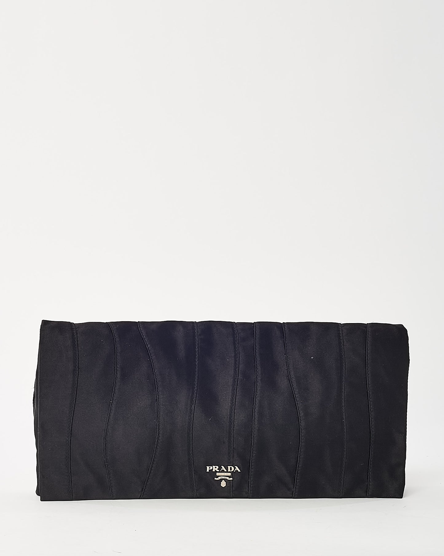 Prada Black Raso Satin Ruched Stripe Logo Clutch