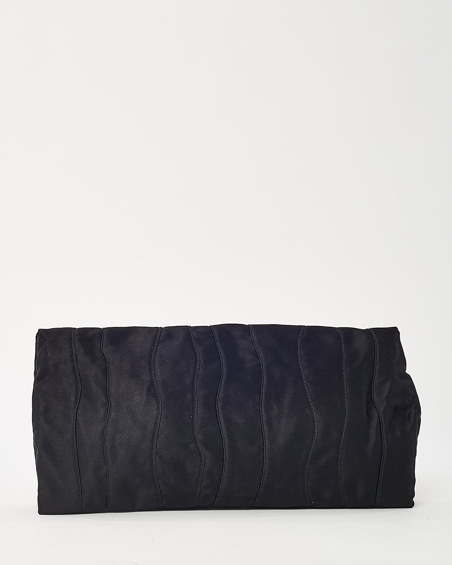 Prada Black Raso Satin Ruched Stripe Logo Clutch
