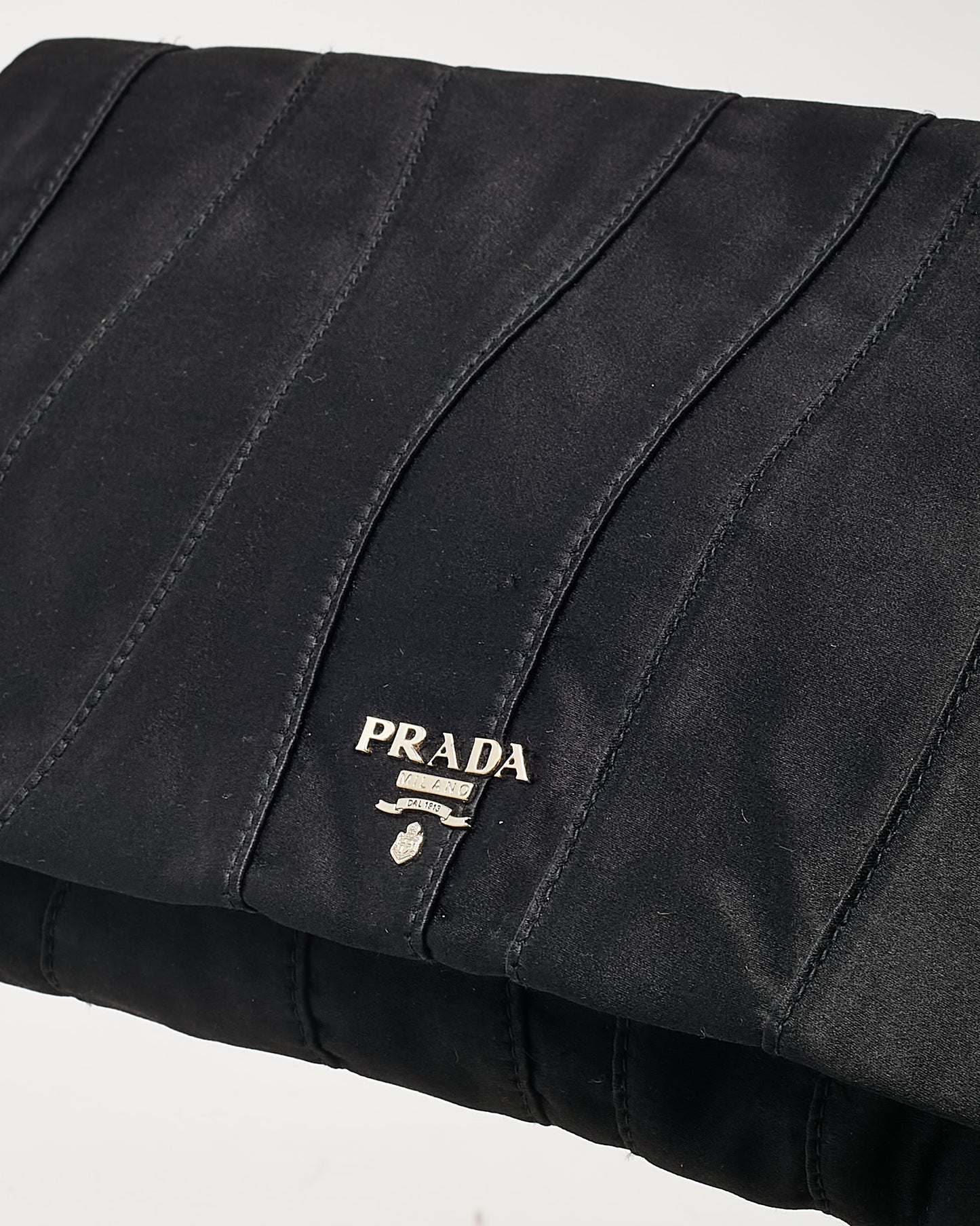 Prada Black Raso Satin Ruched Stripe Logo Clutch