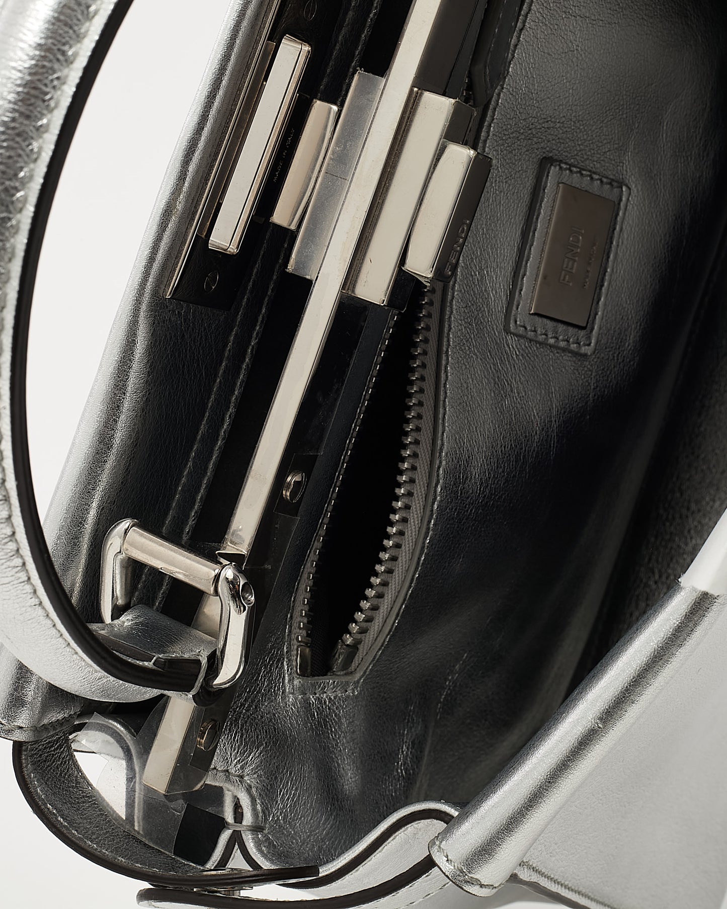 Fendi Metallic Silver Calf Leather Medium Peekaboo Iconic 2Way Bag