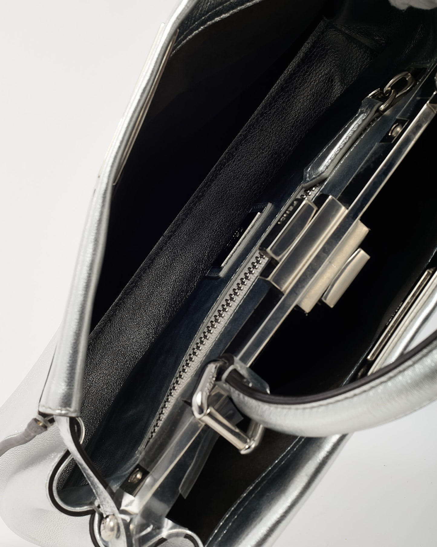 Fendi Metallic Silver Calf Leather Medium Peekaboo Iconic 2Way Bag