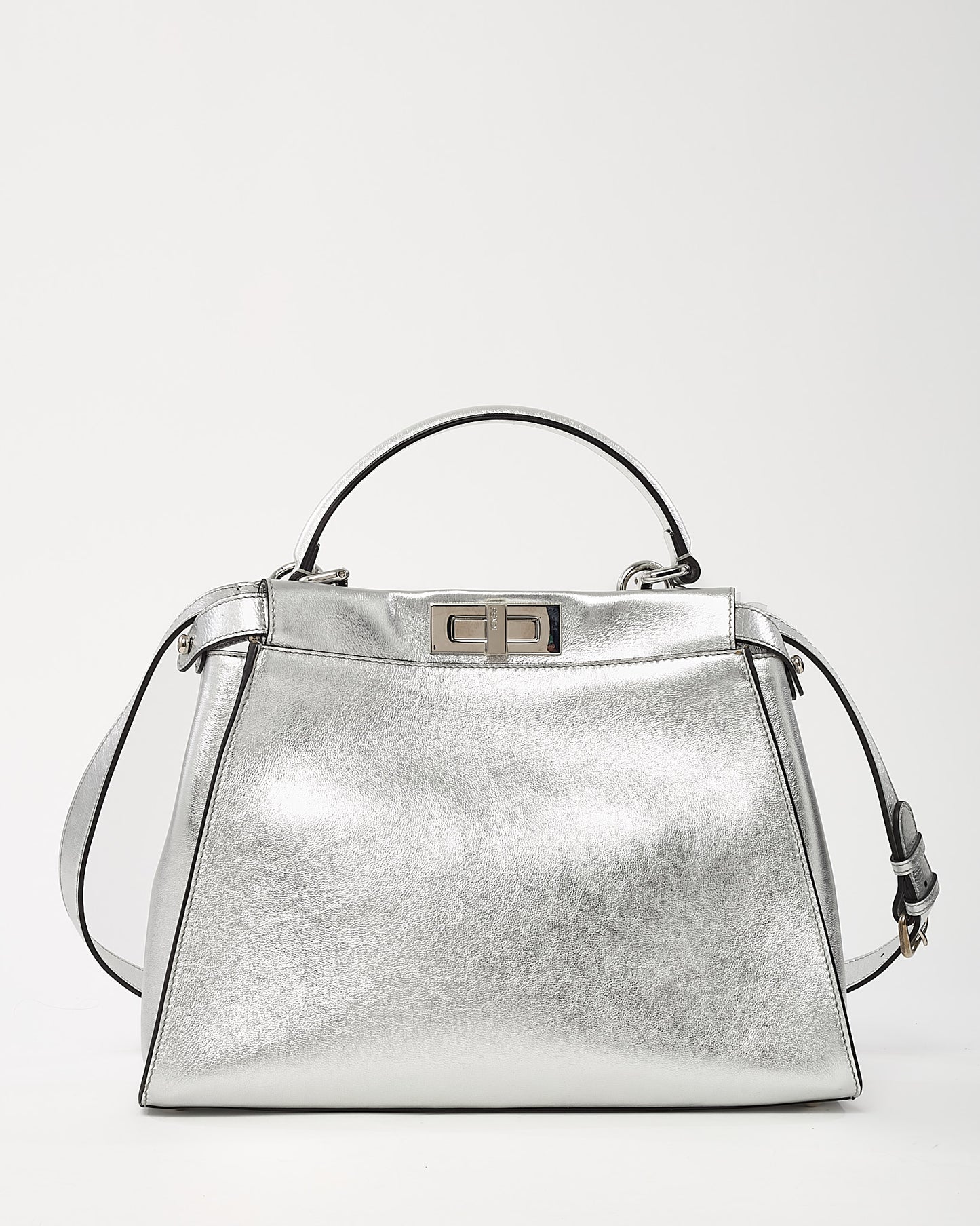 Fendi Metallic Silver Calf Leather Medium Peekaboo Iconic 2Way Bag