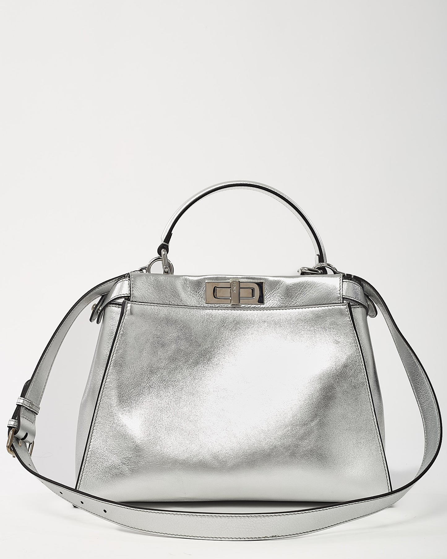 Fendi Metallic Silver Calf Leather Medium Peekaboo Iconic 2Way Bag