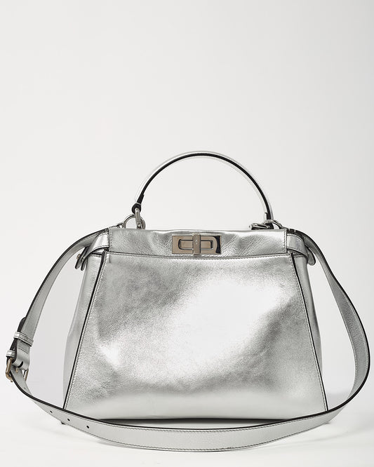 Fendi Metallic Silver Calf Leather Medium Peekaboo Iconic 2Way Bag