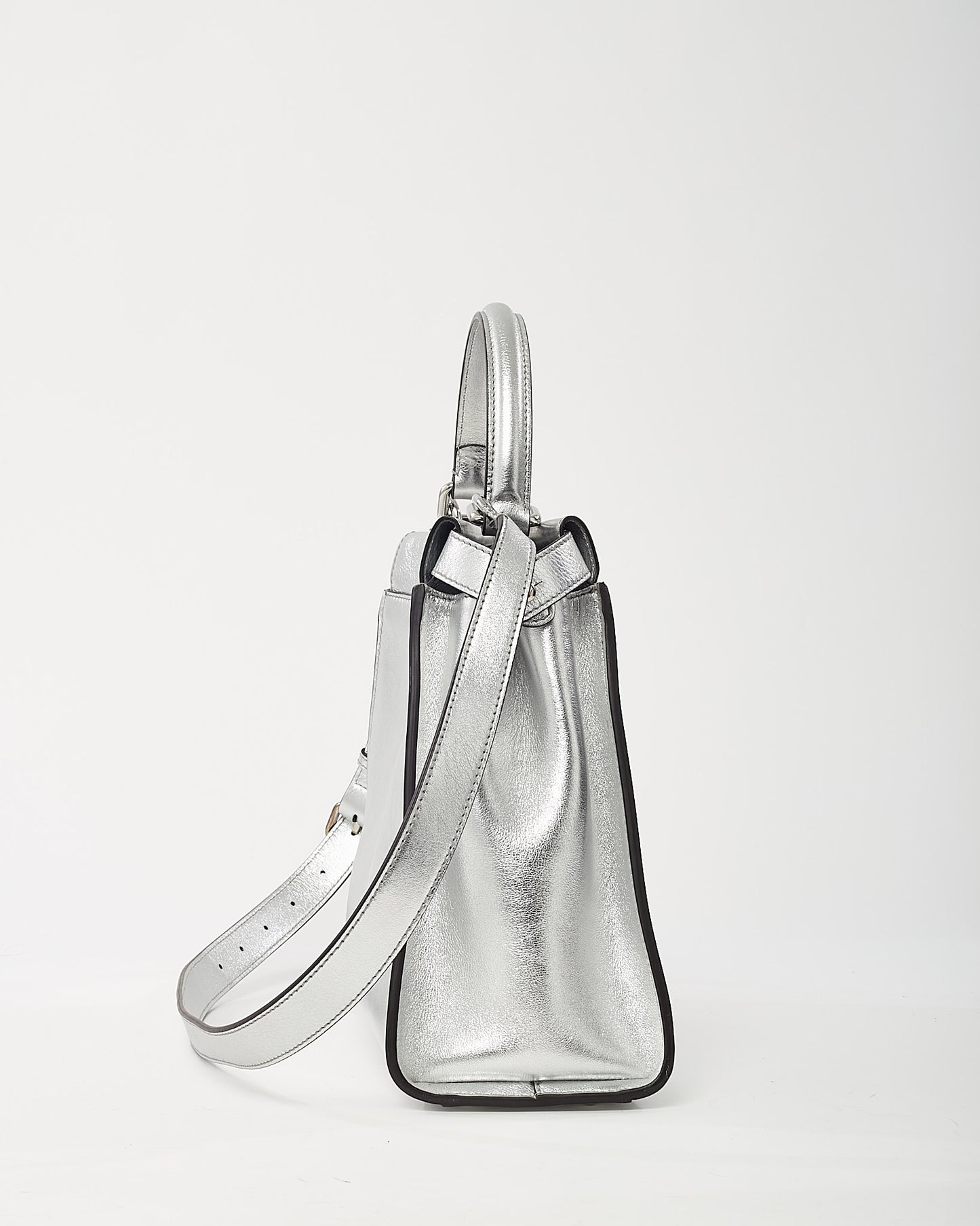 Fendi Metallic Silver Calf Leather Medium Peekaboo Iconic 2Way Bag