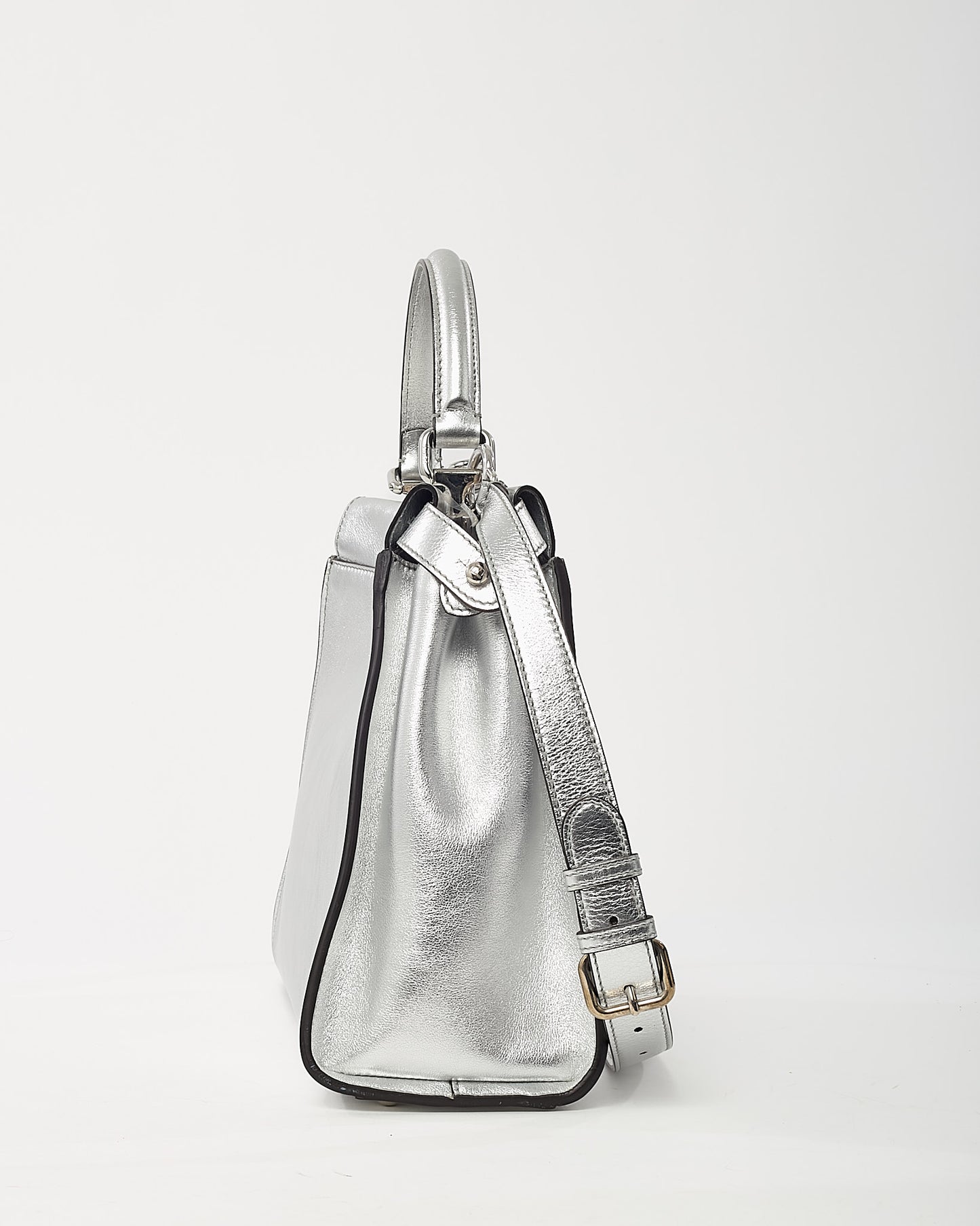 Fendi Metallic Silver Calf Leather Medium Peekaboo Iconic 2Way Bag